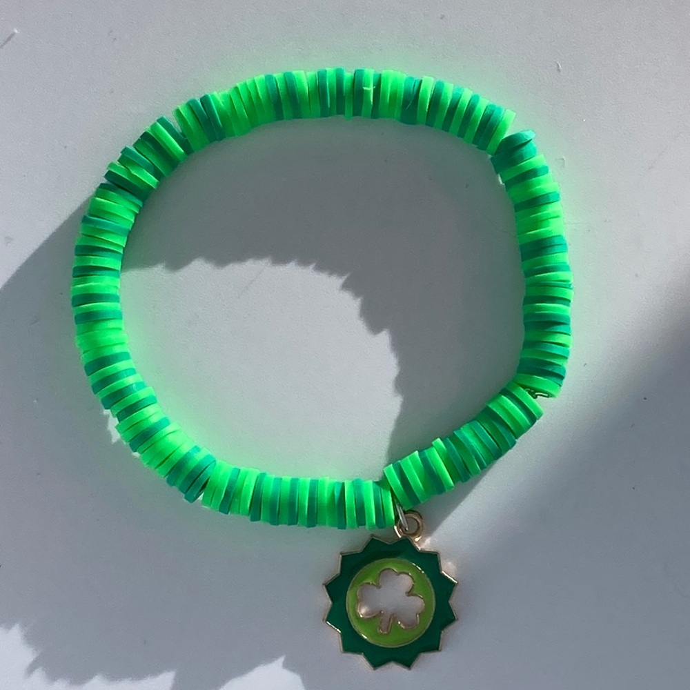 Green Beaded Bracelet with Clover Charm